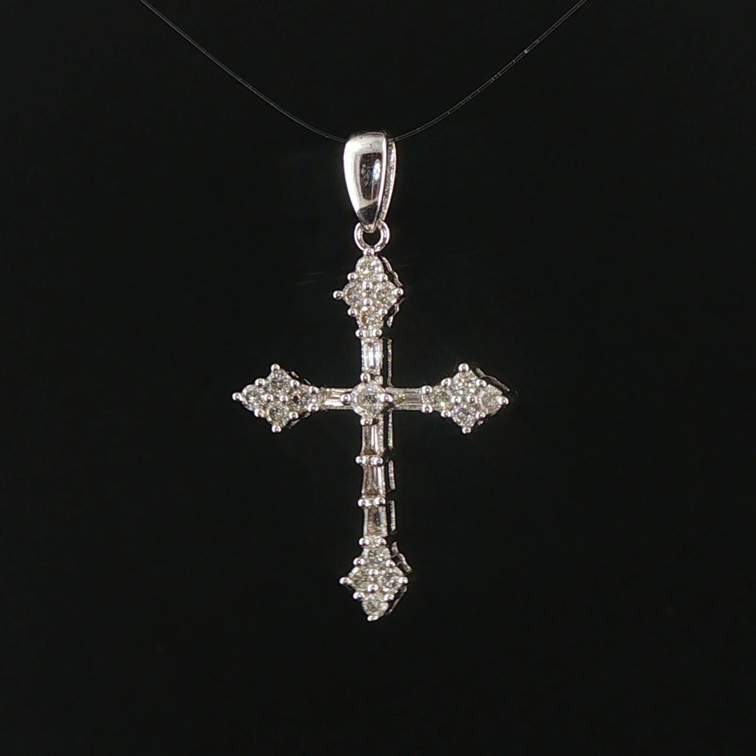 14k White Gold and 0.50cttw Round and Baguette Diamond Cross Pendant 1.25"