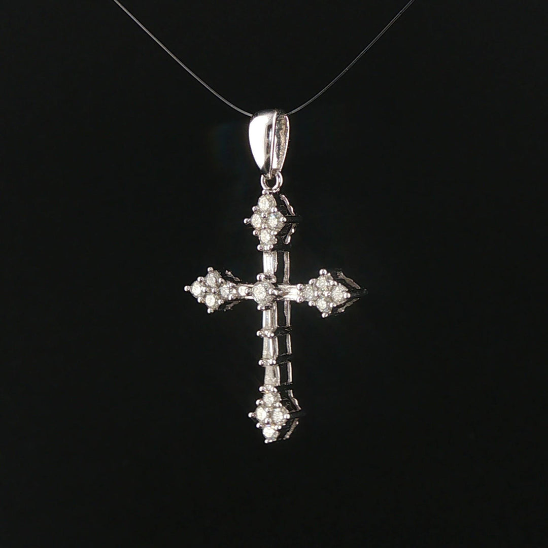 14k White Gold and 0.50cttw Round and Baguette Diamond Cross Pendant 1.25"