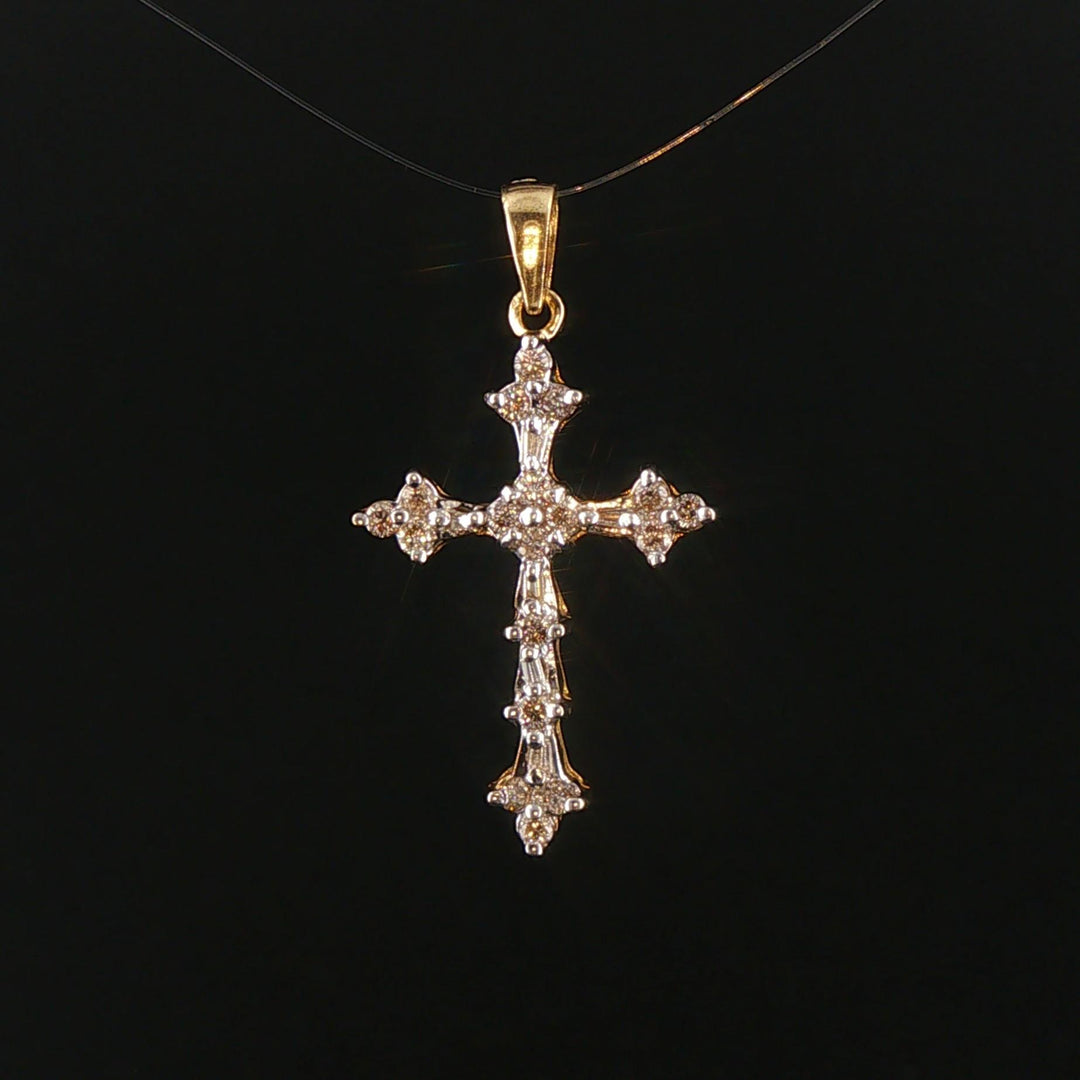 14k Yellow Gold and 0.35cttw Round and Baguette Diamond Cross Pendant 1.25"