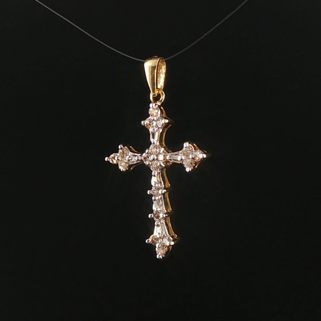 14k Yellow Gold and 0.35cttw Round and Baguette Diamond Cross Pendant 1.25"