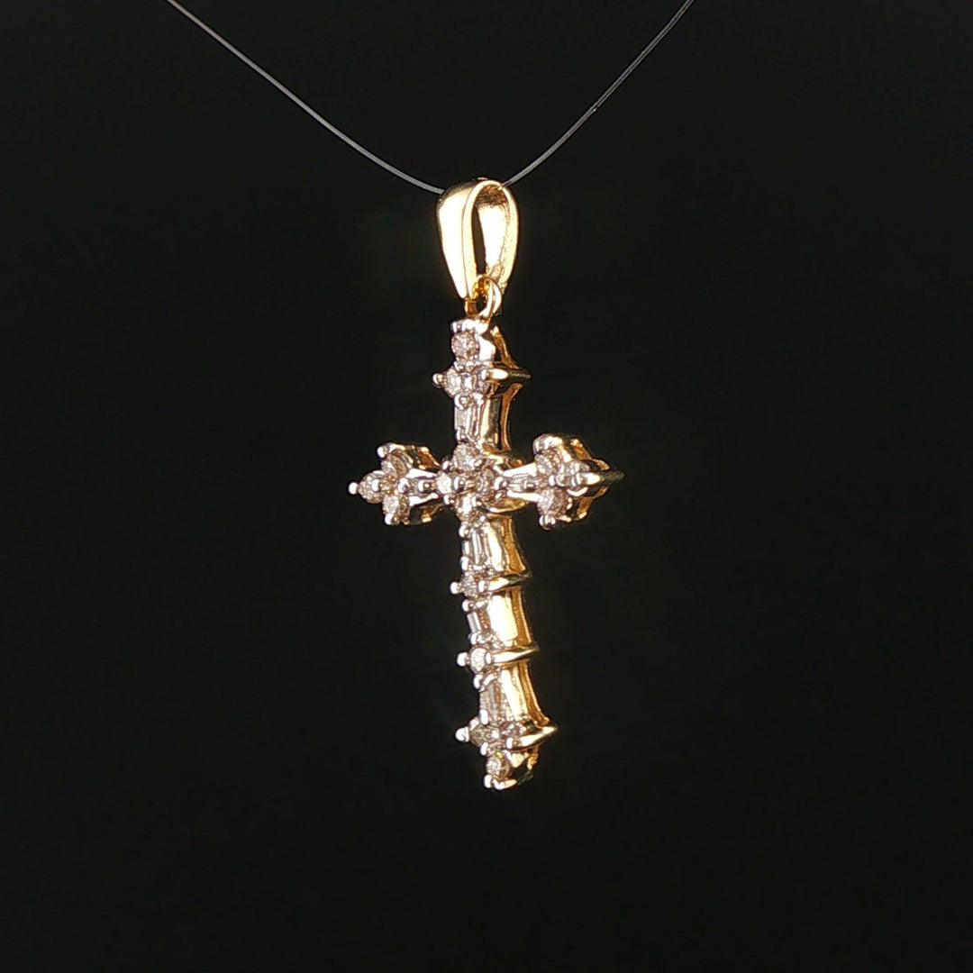 14k Yellow Gold and 0.35cttw Round and Baguette Diamond Cross Pendant 1.25"