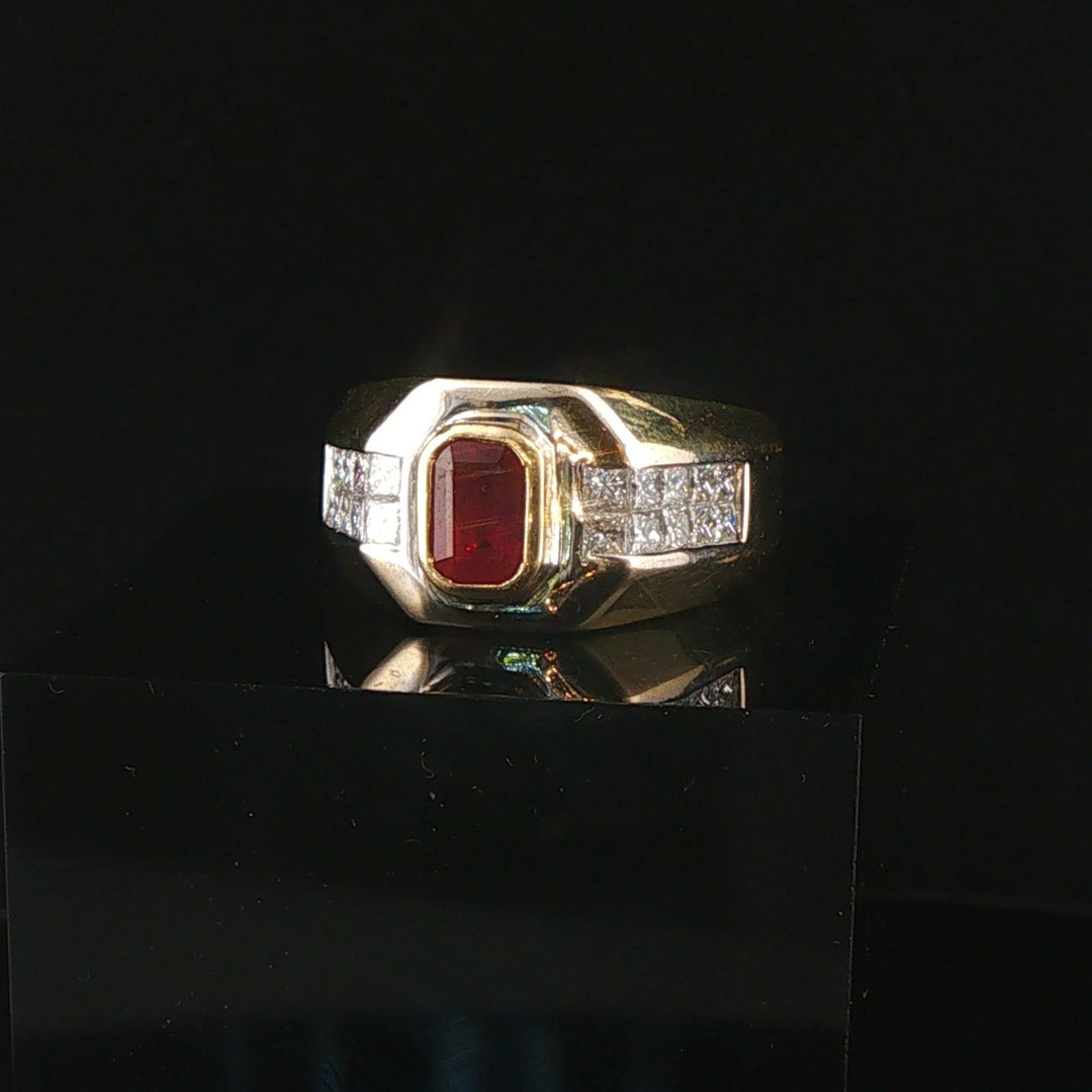 18k Yellow and White Gold Ruby and 1cttw Diamond Solid Men's Ring Size 9.5