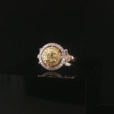 18k White Gold and 0.85cttw Yellow and White Diamond Halo Ring Size 7.25
