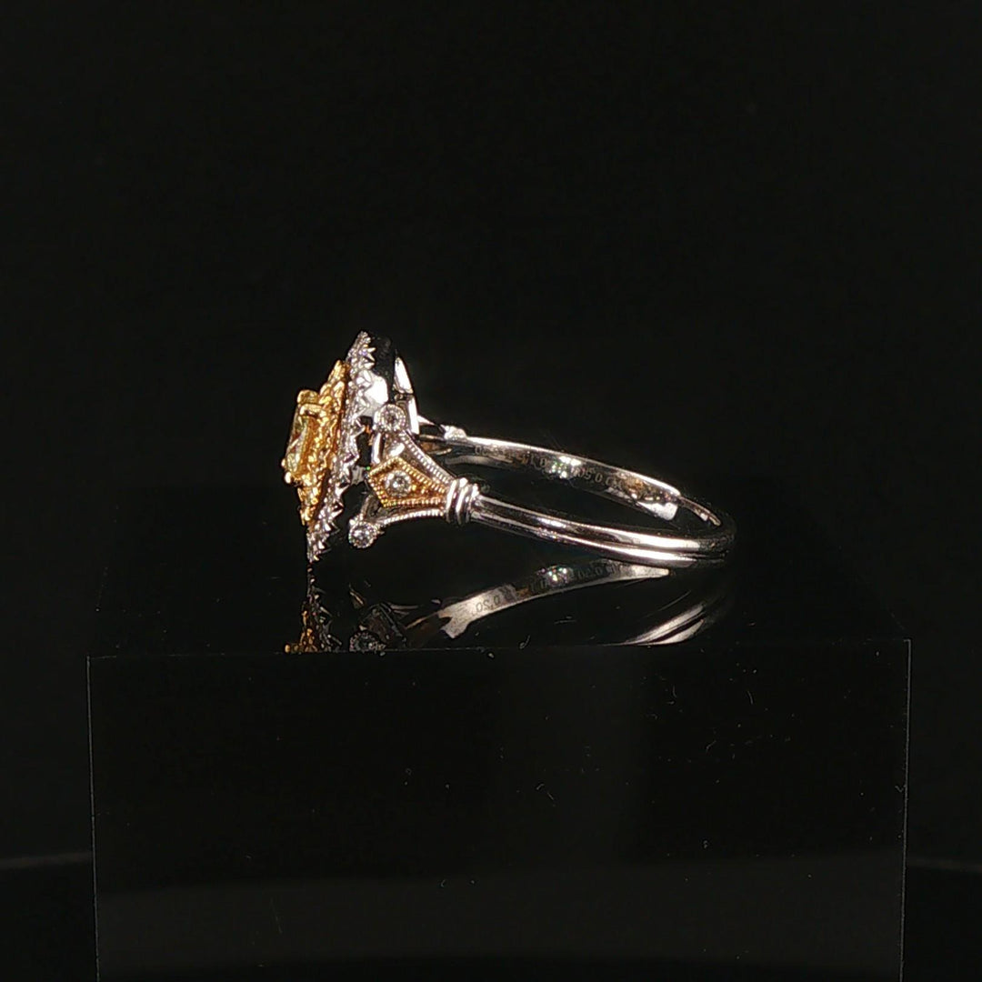 18k White Gold and 0.85cttw Yellow and White Diamond Halo Ring Size 7.25