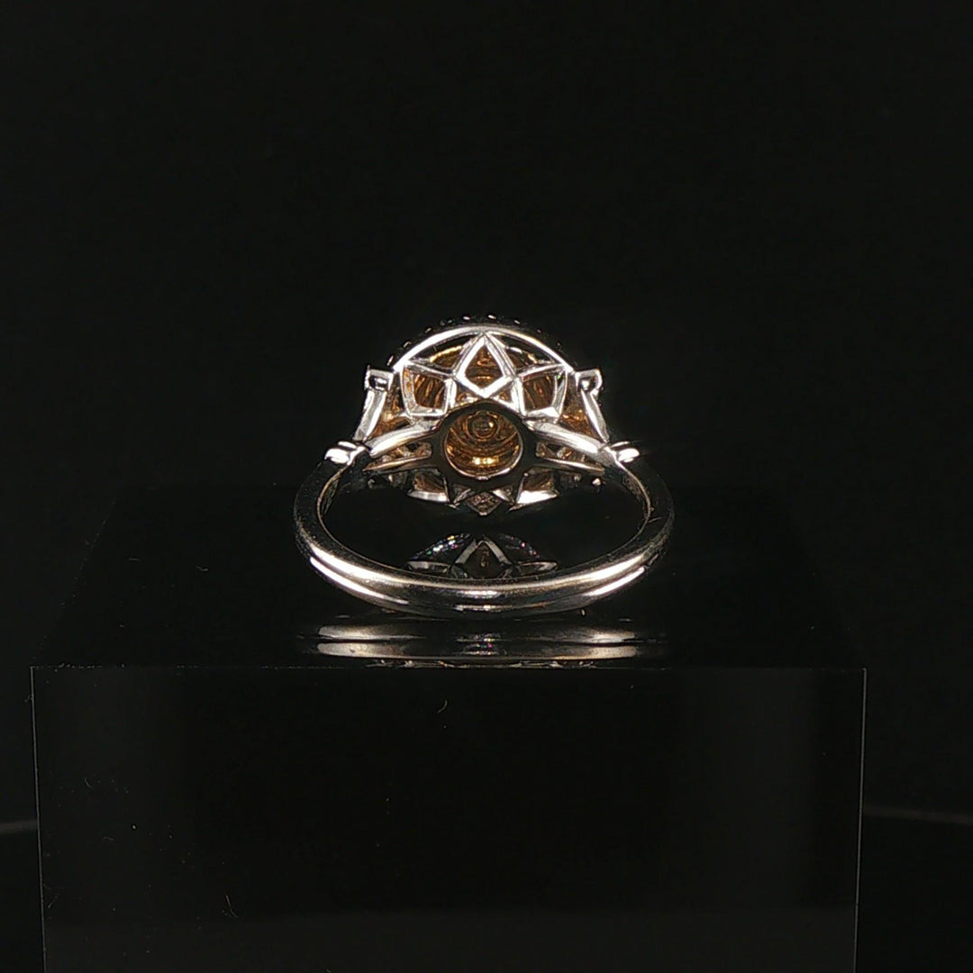 18k White Gold and 0.85cttw Yellow and White Diamond Halo Ring Size 7.25