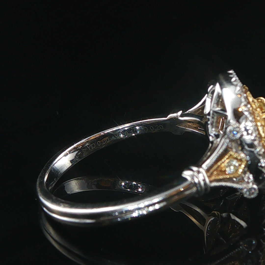 18k White Gold and 0.85cttw Yellow and White Diamond Halo Ring Size 7.25