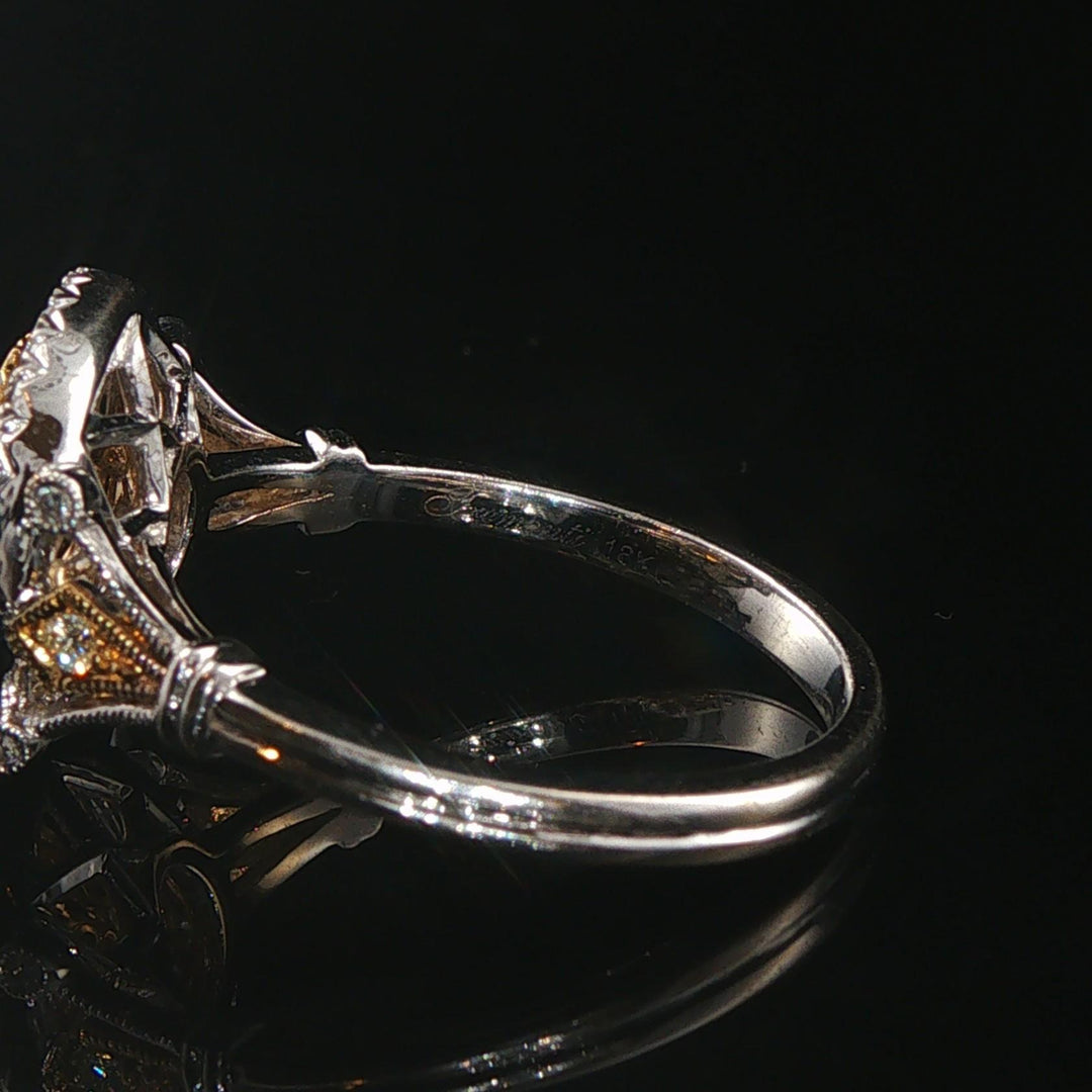 18k White Gold and 0.85cttw Yellow and White Diamond Halo Ring Size 7.25