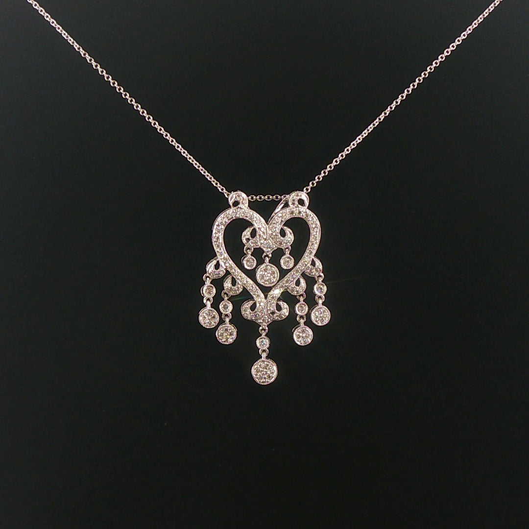 14k White Gold and 0.52cttw Diamond Vintage Filigree Dangle Pendant Necklace 18"