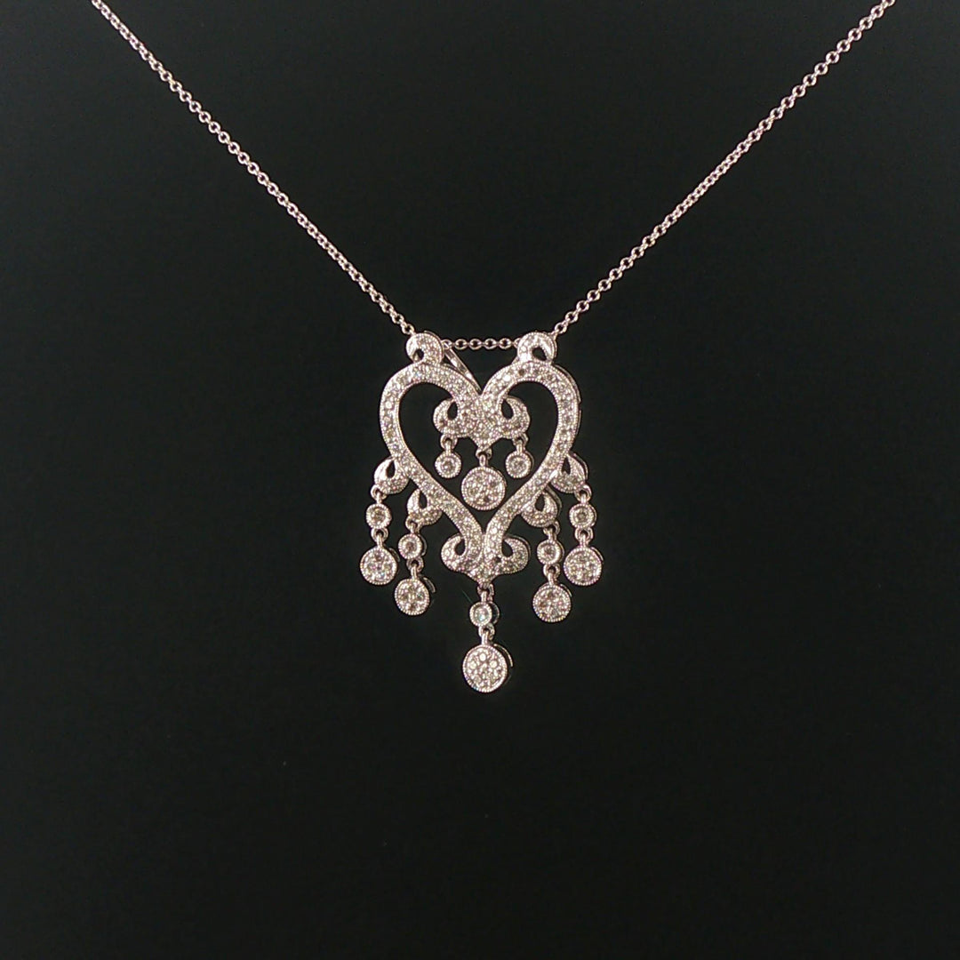 14k White Gold and 0.52cttw Diamond Vintage Filigree Dangle Pendant Necklace 18"
