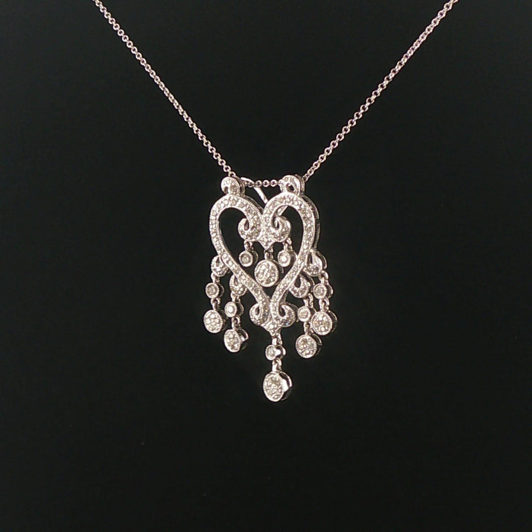 14k White Gold and 0.52cttw Diamond Vintage Filigree Dangle Pendant Necklace 18"