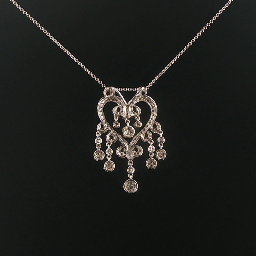 14k White Gold and 0.52cttw Diamond Vintage Filigree Dangle Pendant Necklace 18"