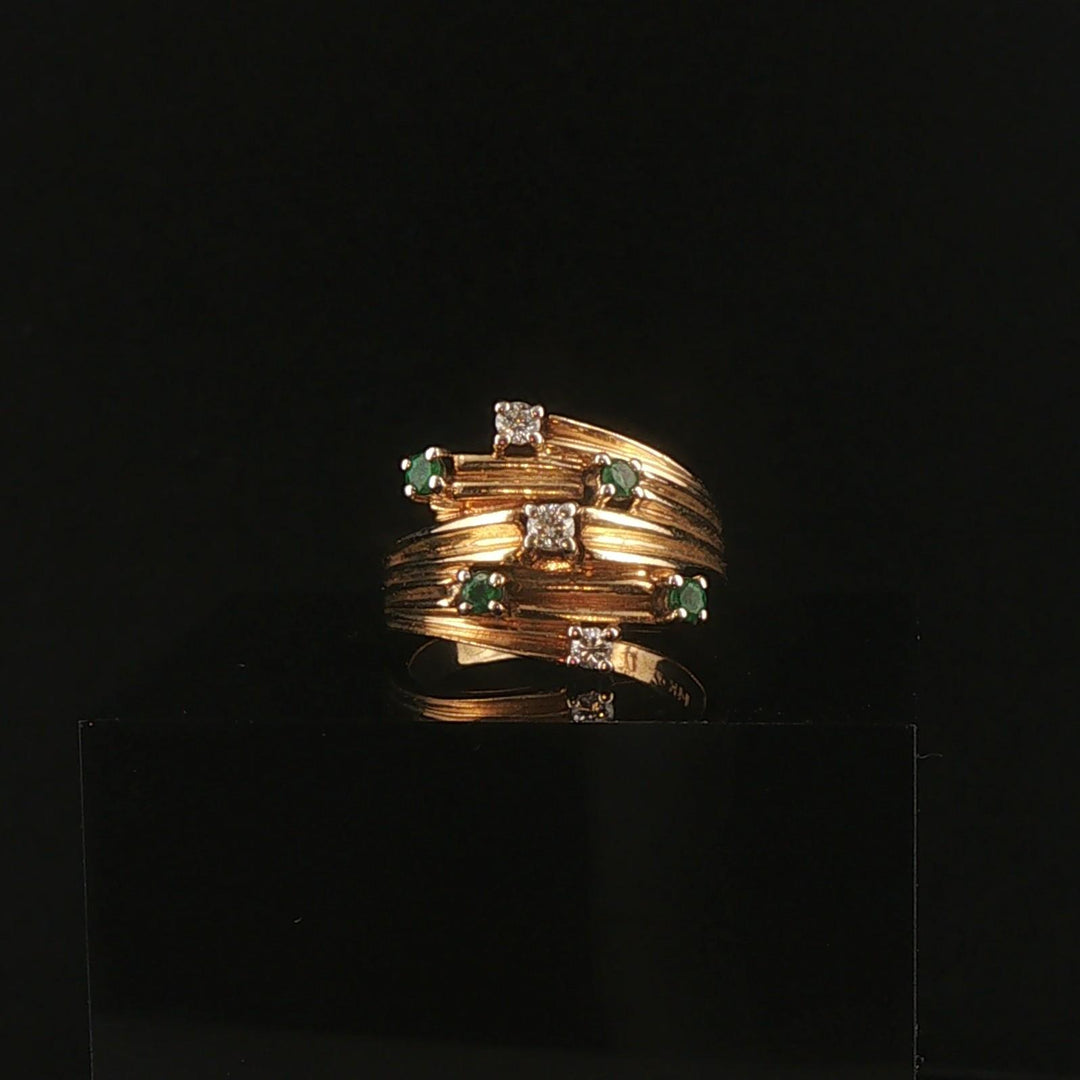 14k Yellow Gold Emerald and Diamond Vintage Bypass Band Ring Size 5