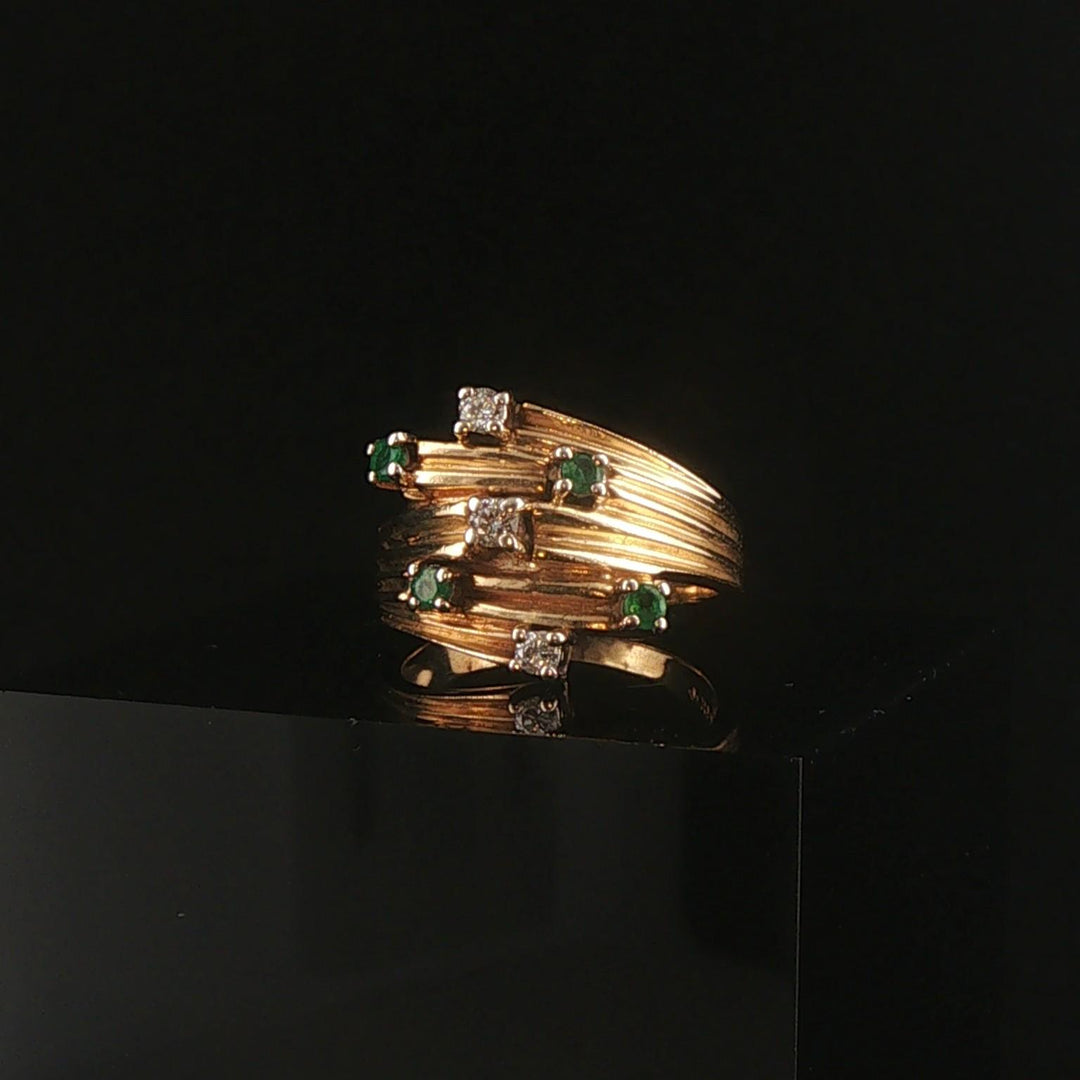 14k Yellow Gold Emerald and Diamond Vintage Bypass Band Ring Size 5