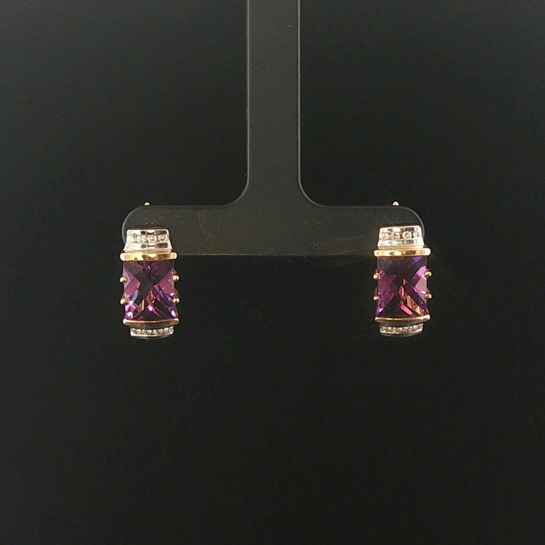 14k Yellow Gold Amethyst and Diamond 7.6g Solid Huggie Earrings