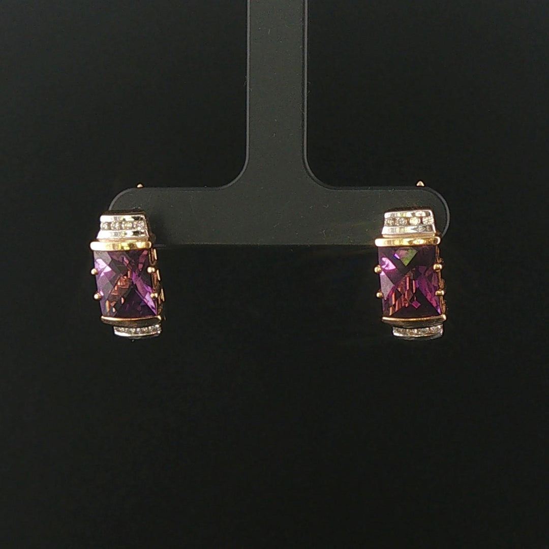 14k Yellow Gold Amethyst and Diamond 7.6g Solid Huggie Earrings