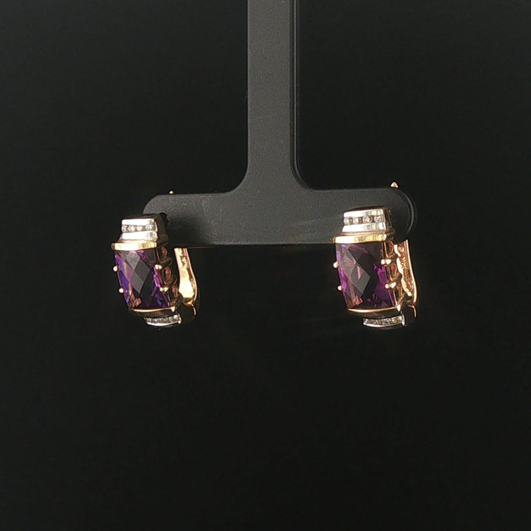 14k Yellow Gold Amethyst and Diamond 7.6g Solid Huggie Earrings
