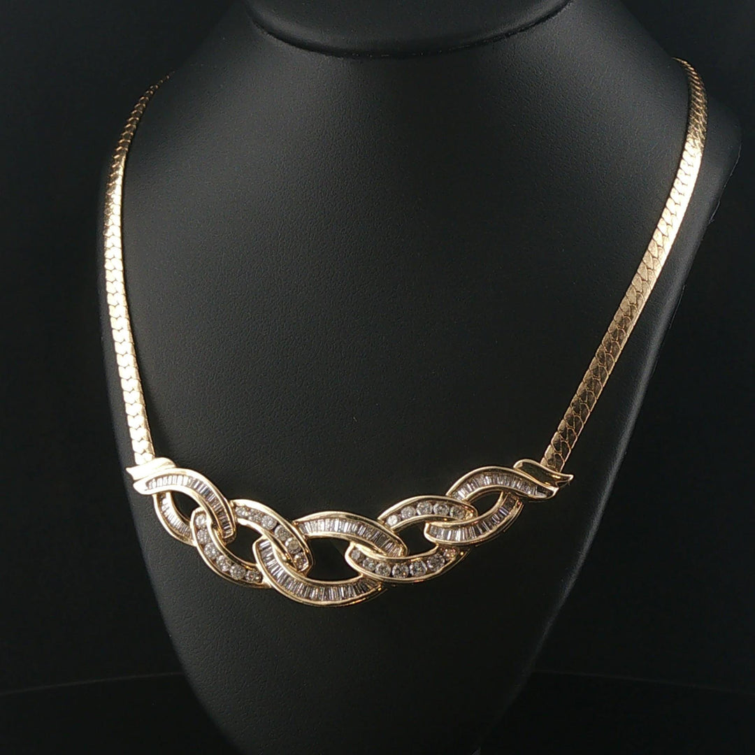 14k Yellow Gold and 2cttw Diamond Pendant Herringbone Link Necklace 18"