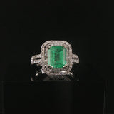 14k White Gold 2.95ct Natural Emerald and Diamond Halo Ring Size 7