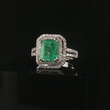 14k White Gold 2.95ct Natural Emerald and Diamond Halo Ring Size 7