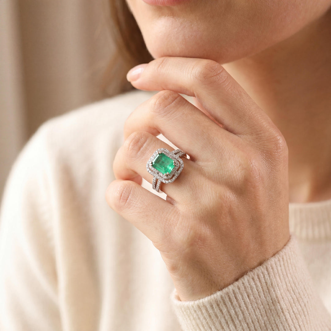14k White Gold 2.95ct Natural Emerald and Diamond Halo Ring Size 7