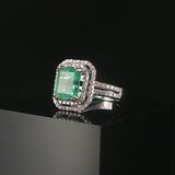 14k White Gold 2.95ct Natural Emerald and Diamond Halo Ring Size 7