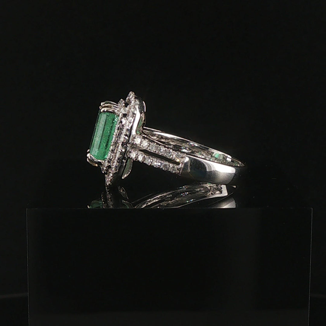 14k White Gold 2.95ct Natural Emerald and Diamond Halo Ring Size 7