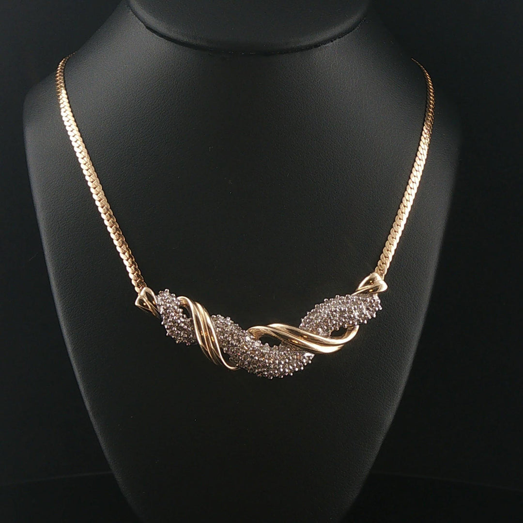 14k Yellow Gold and 1.50cttw Diamond Pendant Herringbone Link Necklace Italy 18"