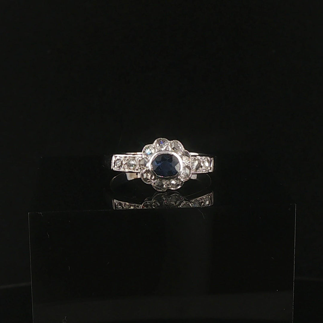 14k White Gold Blue Sapphire and Diamond Vintage Ring Size 7