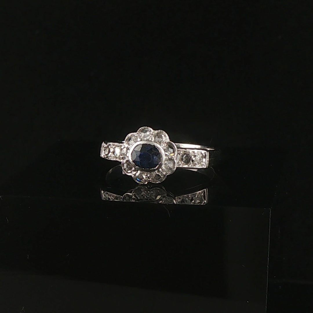 14k White Gold Blue Sapphire and Diamond Vintage Ring Size 7