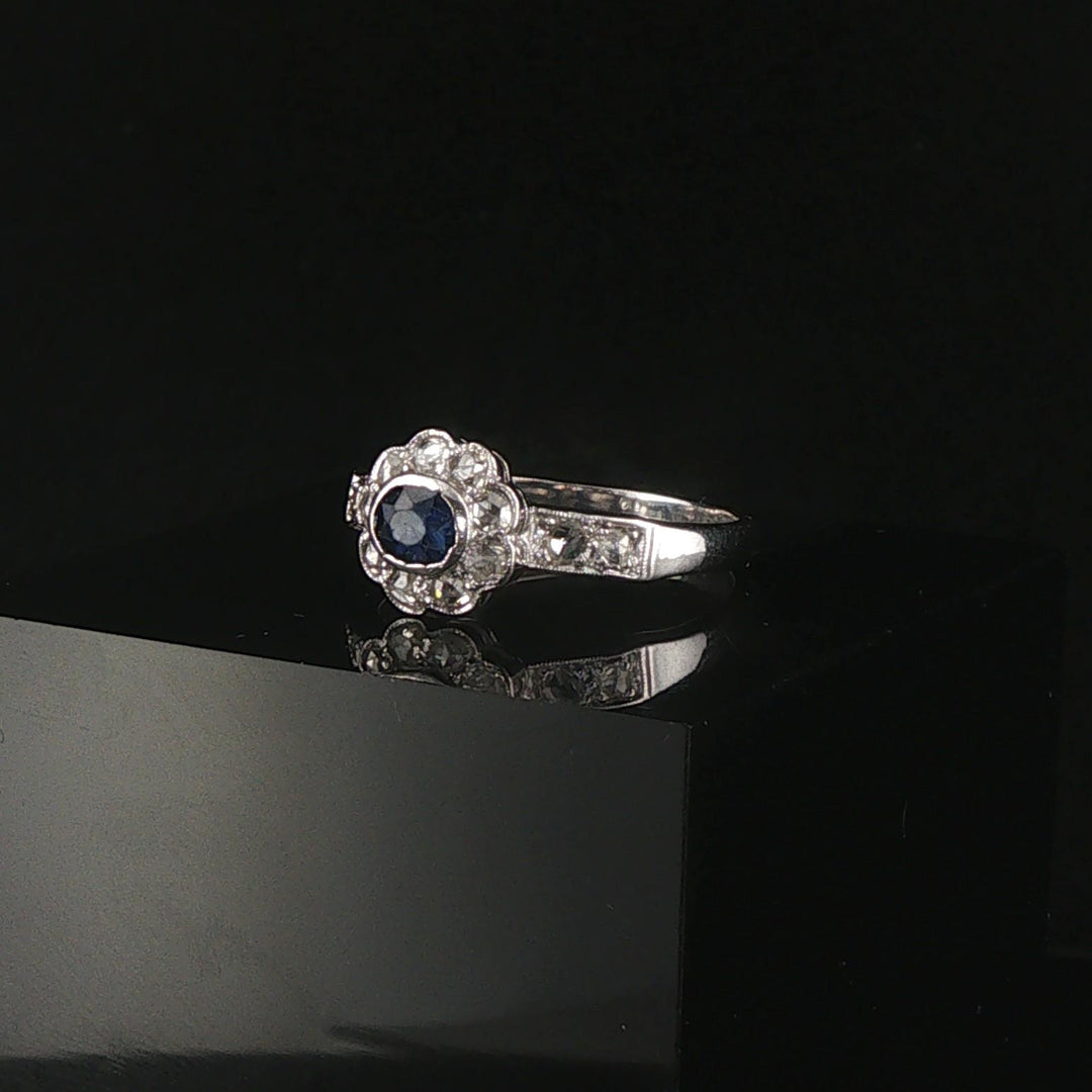 14k White Gold Blue Sapphire and Diamond Vintage Ring Size 7