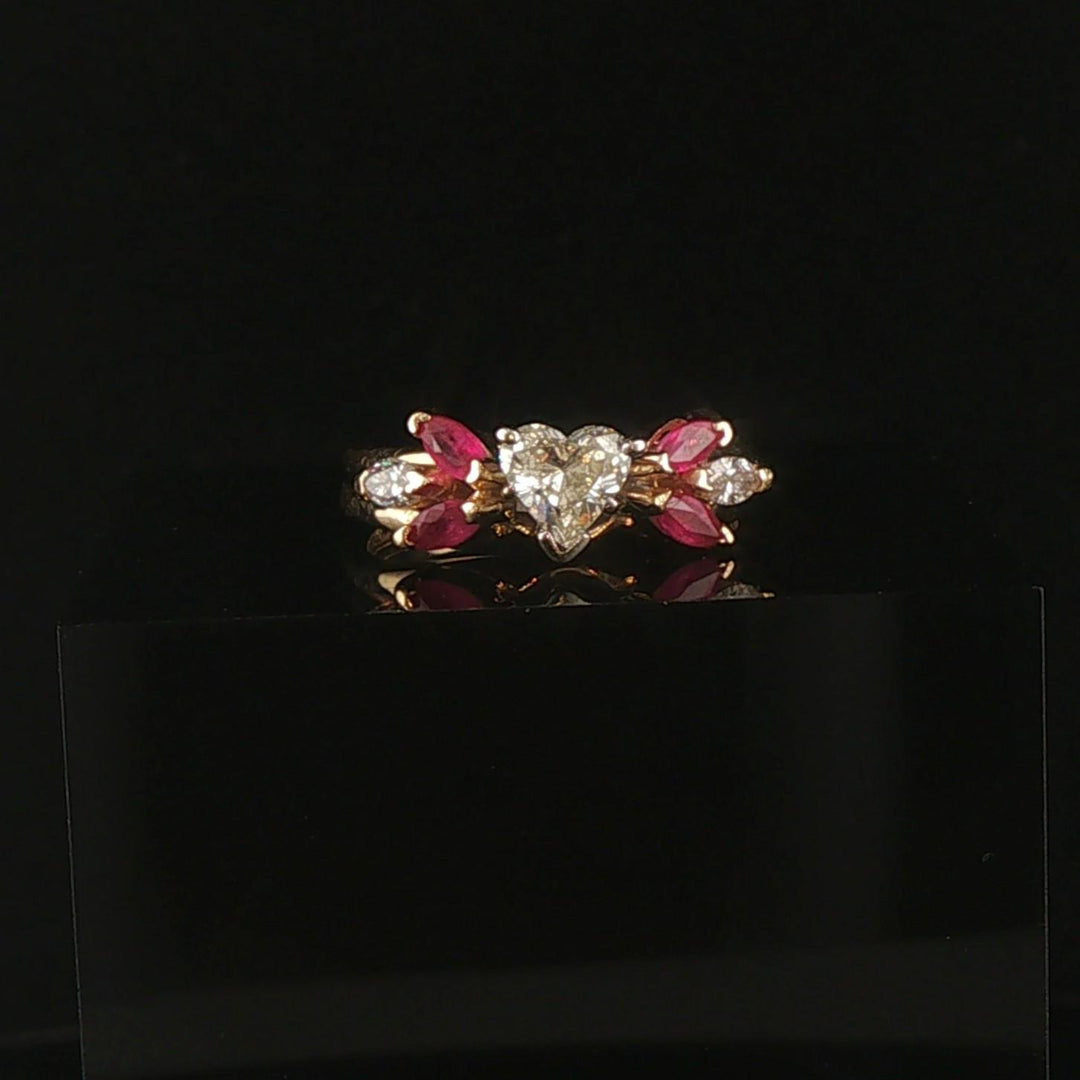 14k Yellow Gold 0.85ct Heart Cut Diamond and Ruby Ring Size 5.25