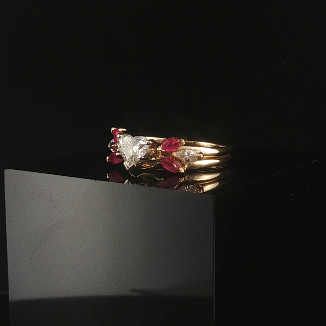 14k Yellow Gold 0.85ct Heart Cut Diamond and Ruby Ring Size 5.25