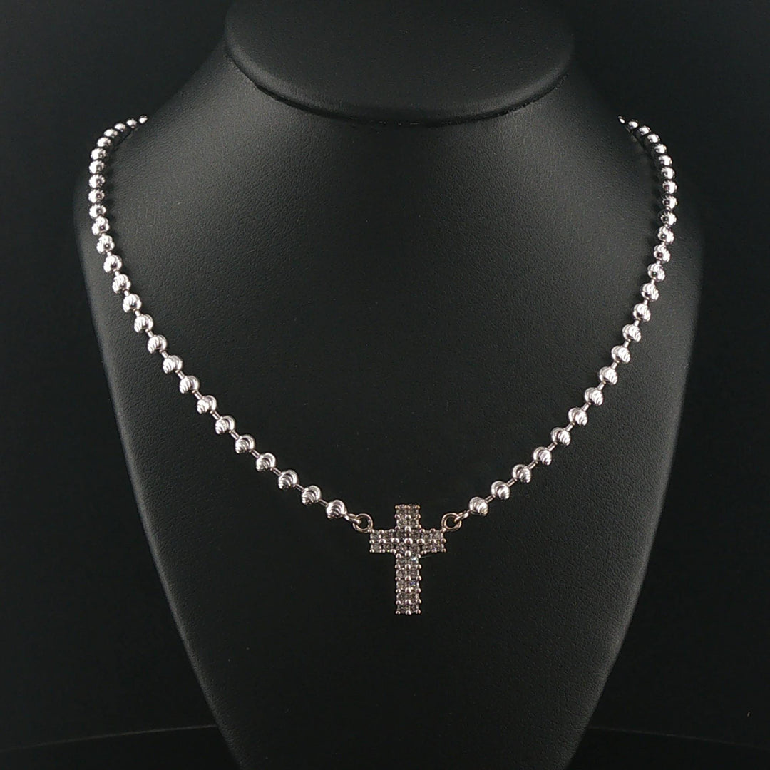 14k White Gold and 0.35cttw Diamond Moon Cut Ball Link Cross Necklace 16.5"