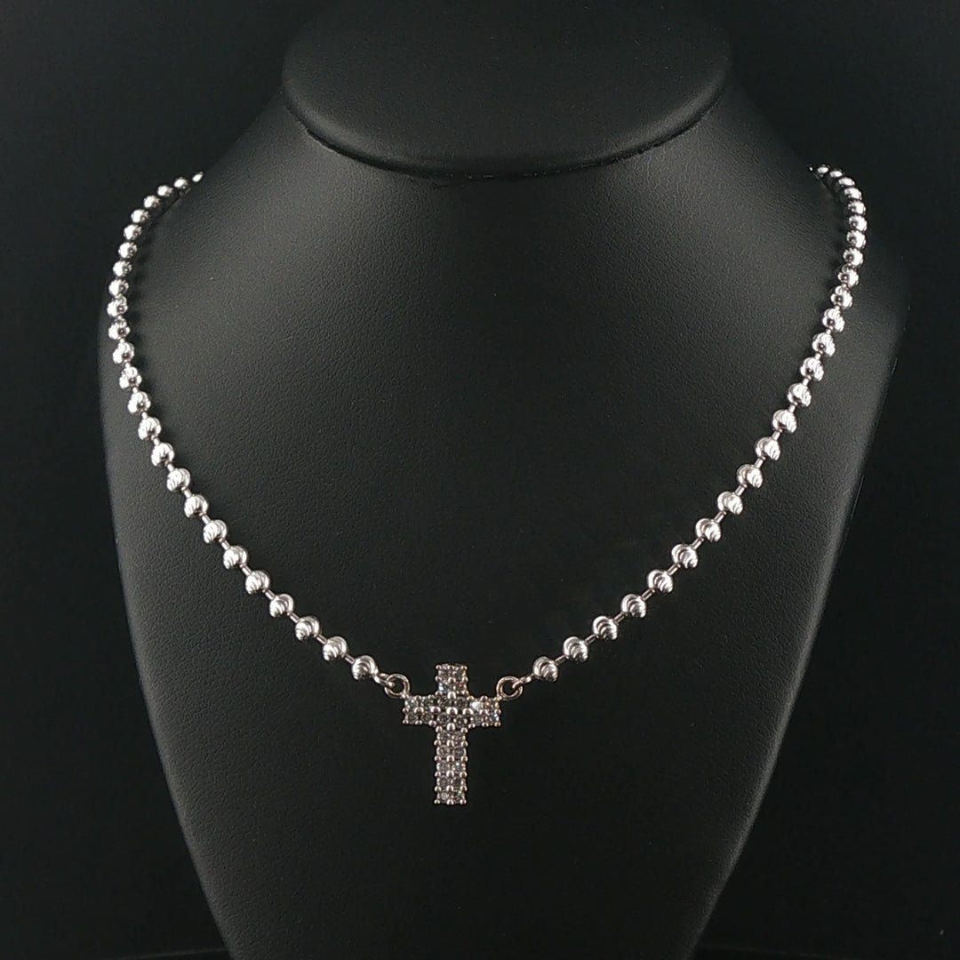 14k White Gold and 0.35cttw Diamond Moon Cut Ball Link Cross Necklace 16.5"