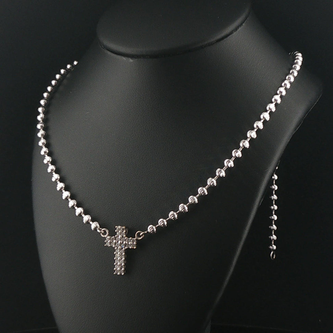 14k White Gold and 0.35cttw Diamond Moon Cut Ball Link Cross Necklace 16.5"