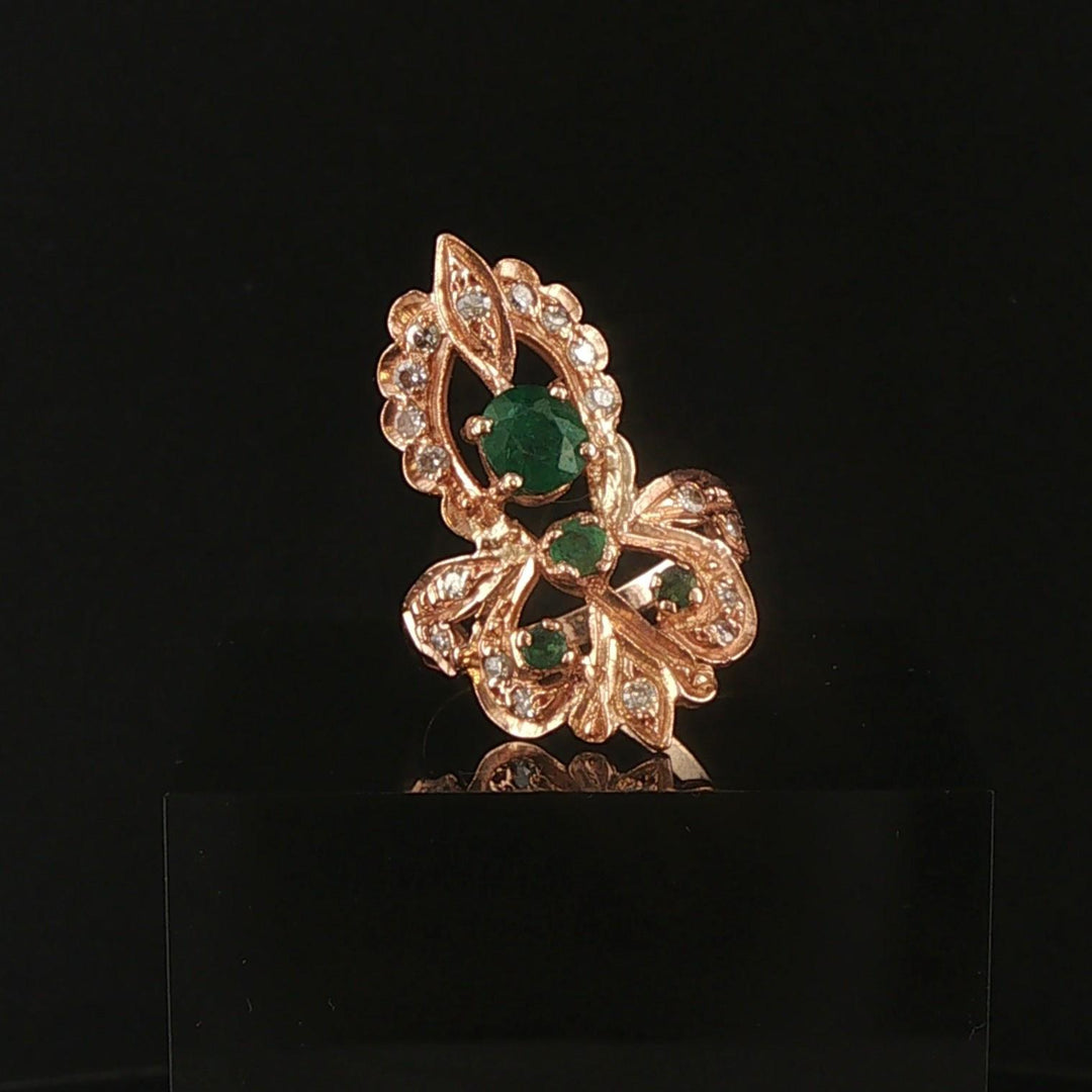 14k Rose Gold Emerald and Diamond Vintage Large Ring Size 7