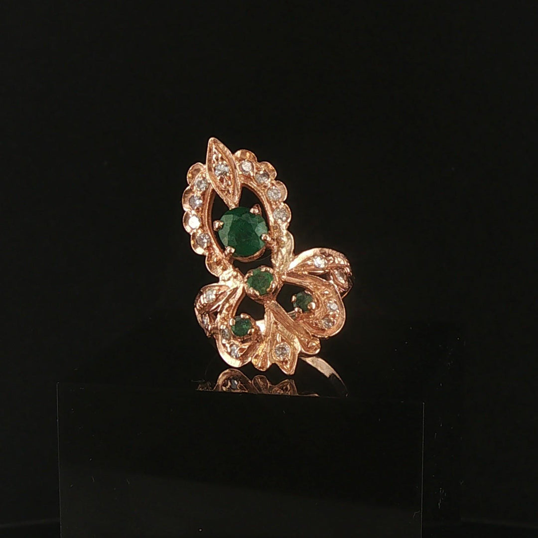 14k Rose Gold Emerald and Diamond Vintage Large Ring Size 7
