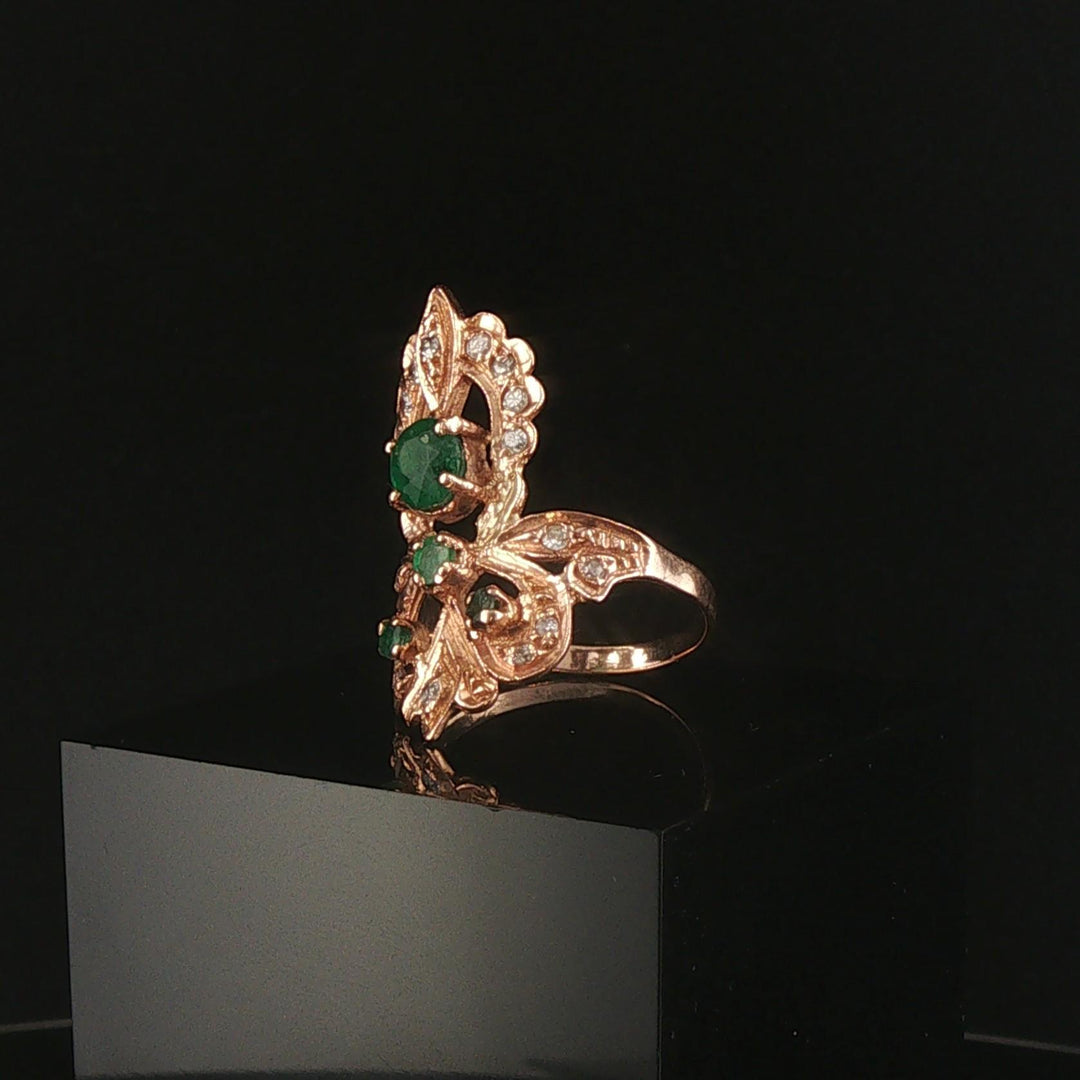 14k Rose Gold Emerald and Diamond Vintage Large Ring Size 7