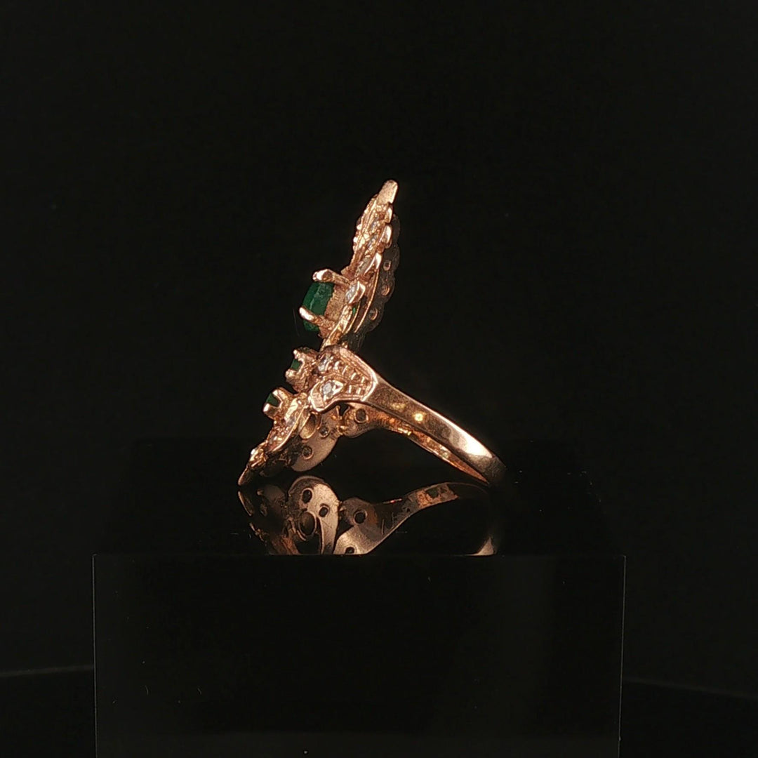 14k Rose Gold Emerald and Diamond Vintage Large Ring Size 7