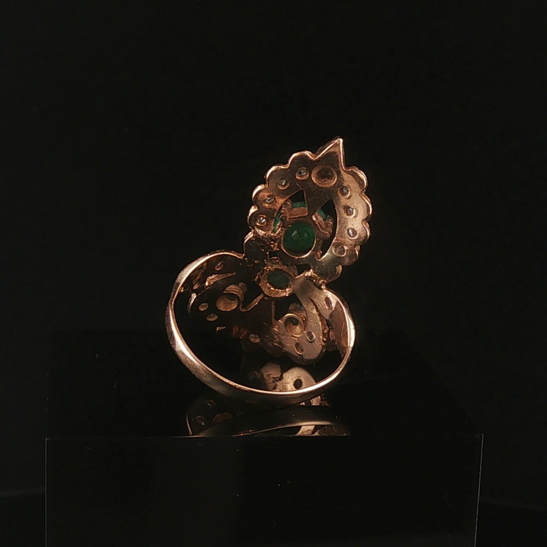 14k Rose Gold Emerald and Diamond Vintage Large Ring Size 7