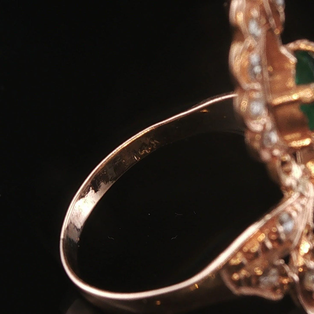 14k Rose Gold Emerald and Diamond Vintage Large Ring Size 7