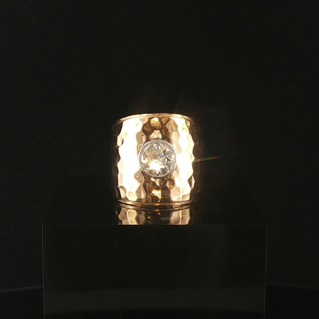 14k Yellow Gold and 1ct Diamond Solid Hammered Cigar Band Ring Size 6