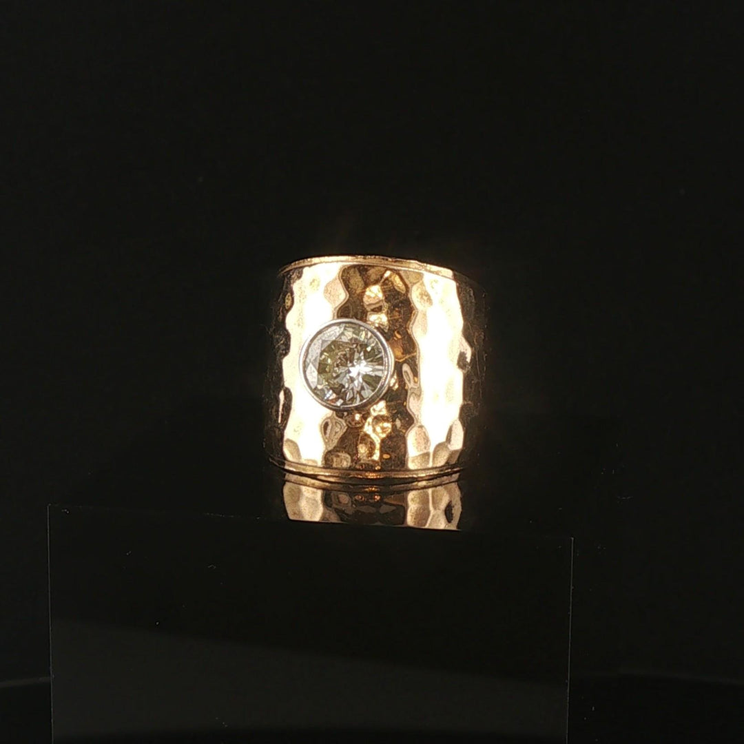14k Yellow Gold and 1ct Diamond Solid Hammered Cigar Band Ring Size 6