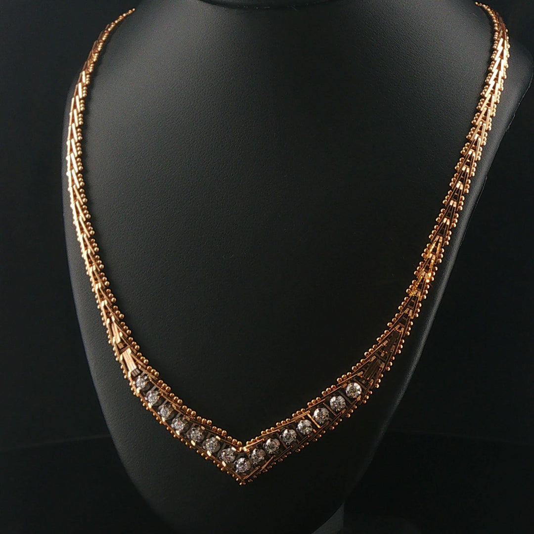 14k Yellow Gold and 0.50cttw Diamond Vintage Beaded Bar Link V Necklace 16"