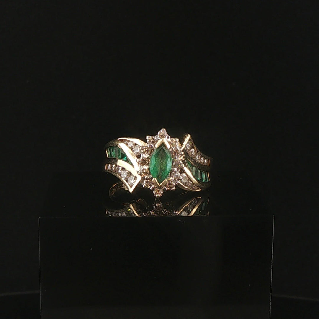14k Yellow Gold Emerald and Diamond Ladies Fancy Ring Size 8.5
