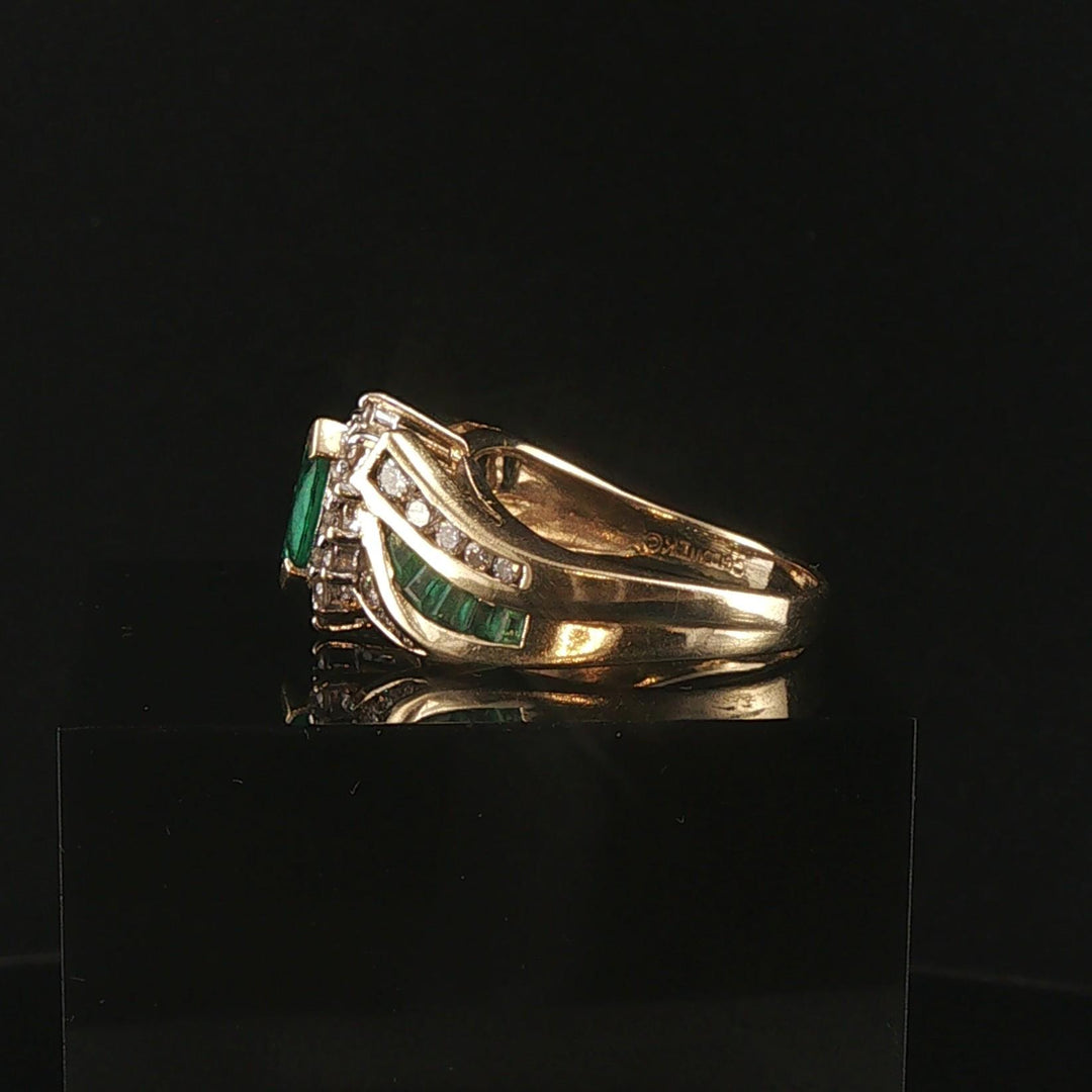14k Yellow Gold Emerald and Diamond Ladies Fancy Ring Size 8.5