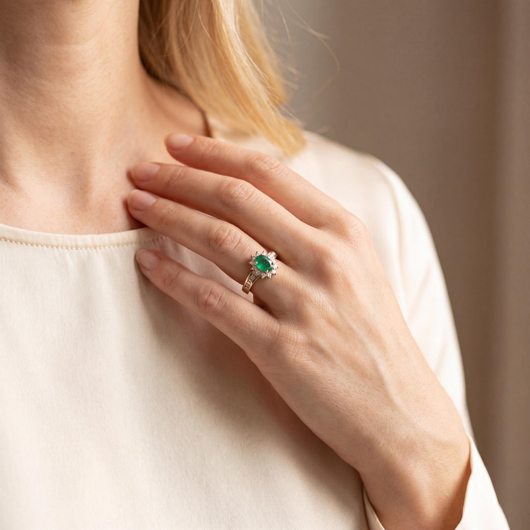 14k Yellow Gold Emerald and Diamond Halo Ladies Ring Size 8