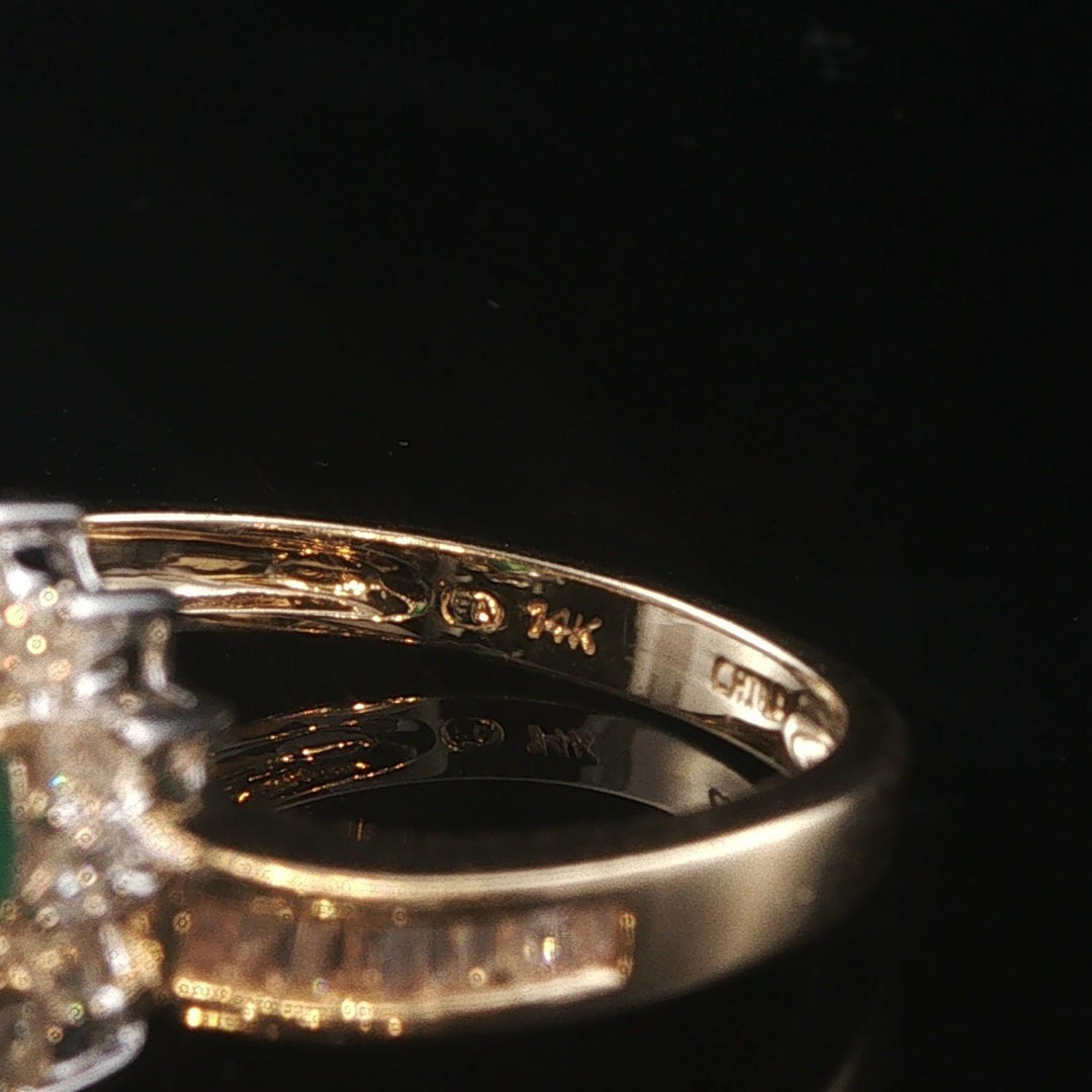 14k Yellow Gold Emerald and Diamond Halo Ladies Ring Size 8