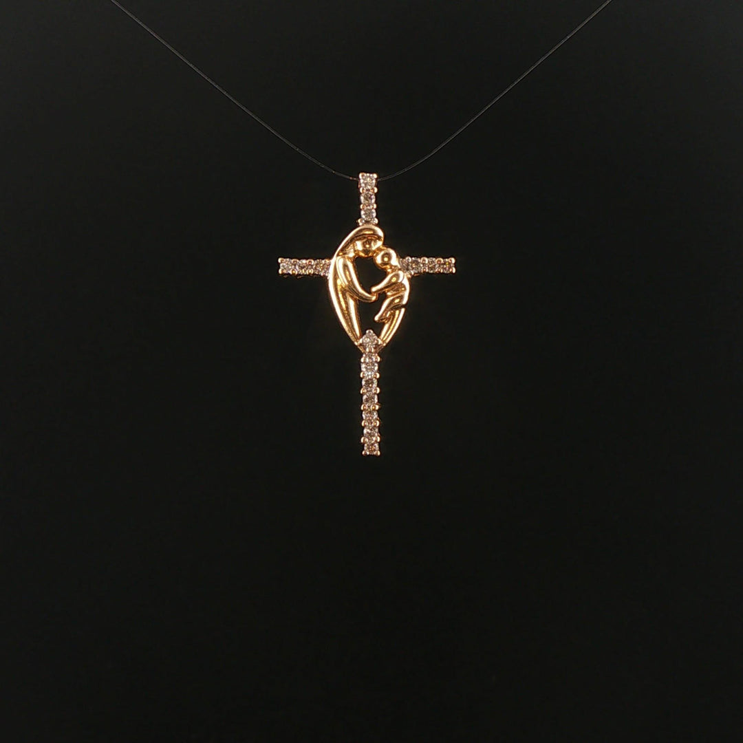 14k Yellow Gold and Diamond Mother and Baby Cross Pendant 1.15"