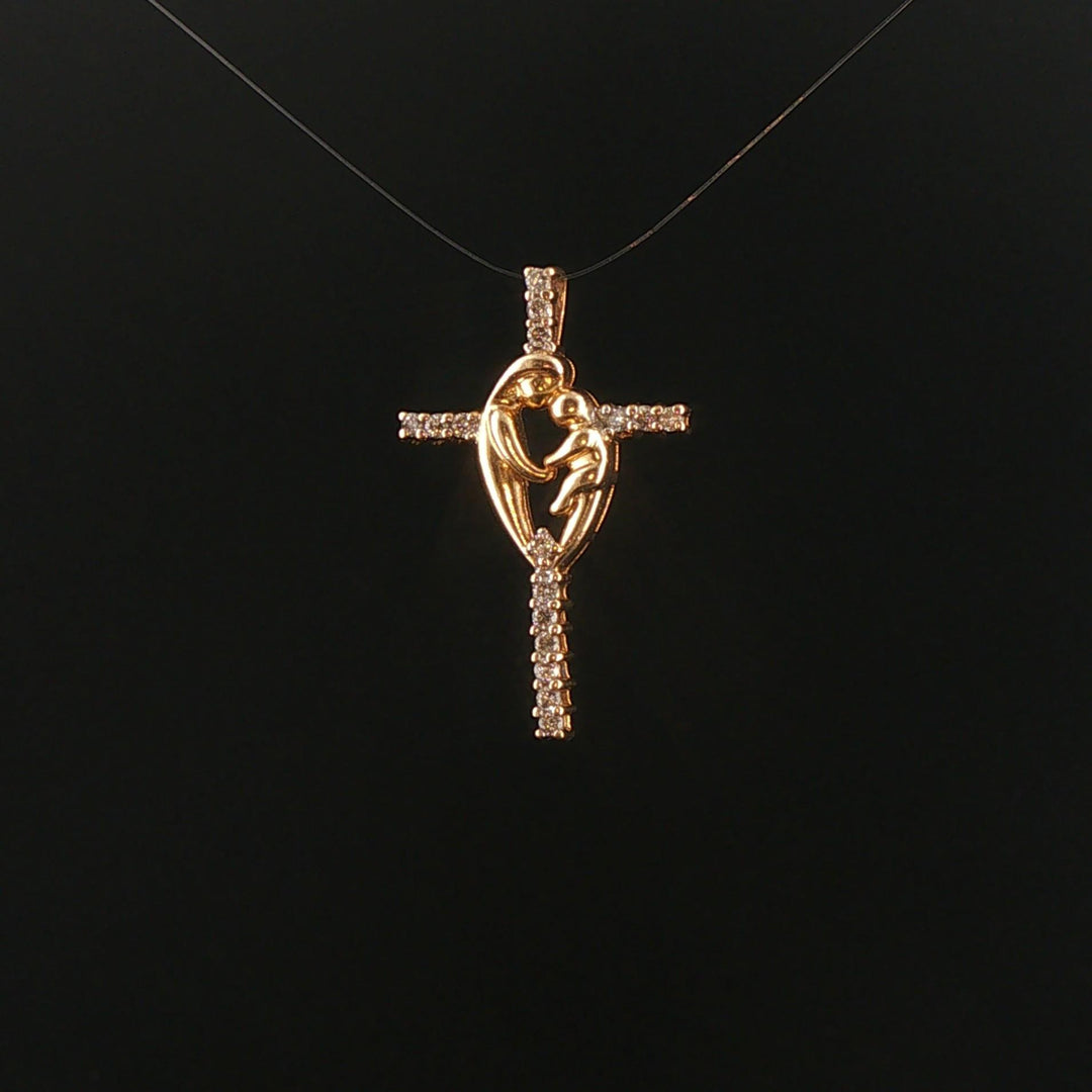 14k Yellow Gold and Diamond Mother and Baby Cross Pendant 1.15"
